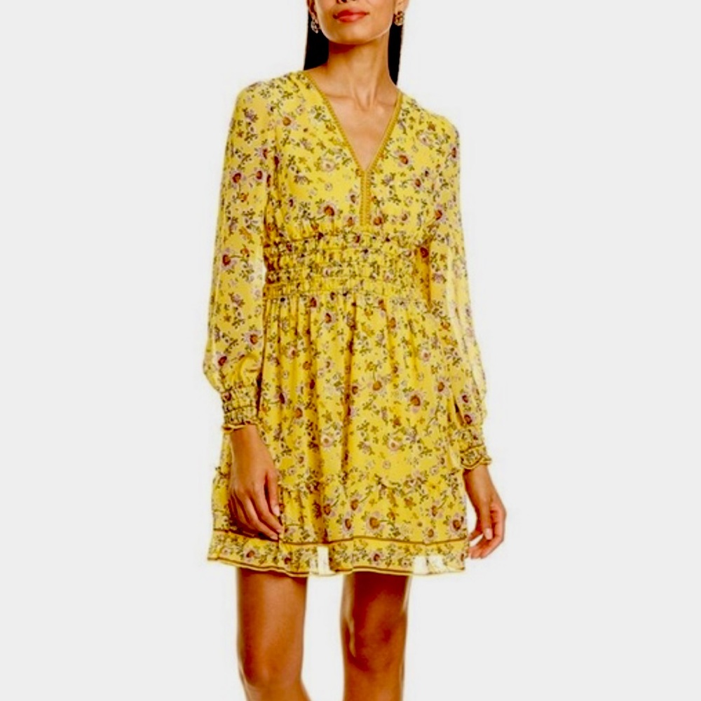Max Studio Yellow Georgette Smocked Mini Dress S V Neck Ruffle Balloon Sleeve